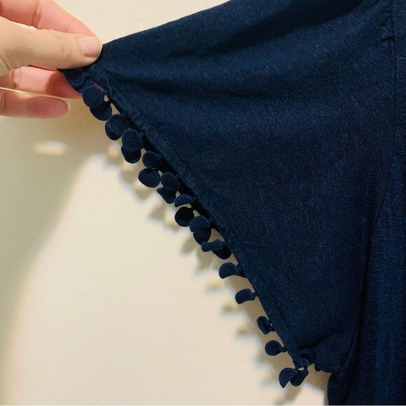 Chicos Navy Blue Knit Linen Pom Pom trim V Neck Tee Shirt size large - Picture 3 of 6